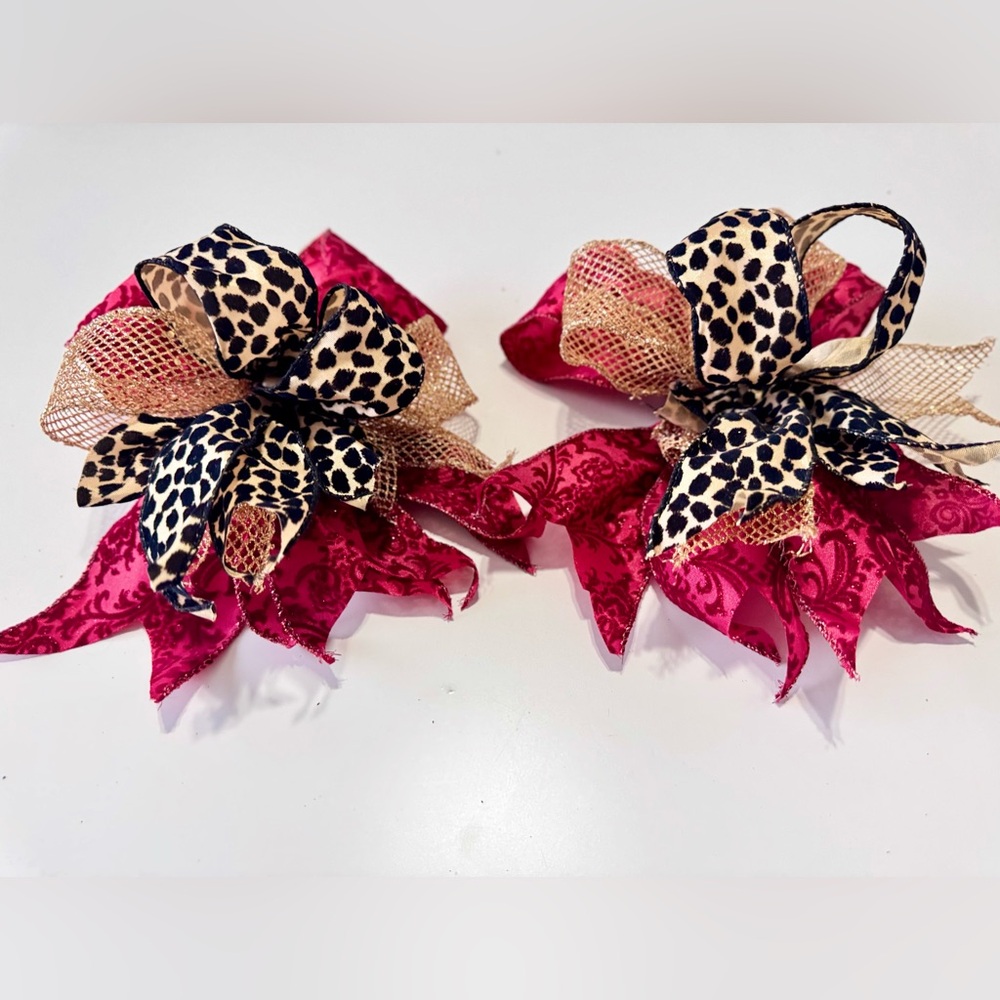 Set of 2 CUSTOM Animal Print Burgundy Red Velvet & Gold Christmas Holiday Bows